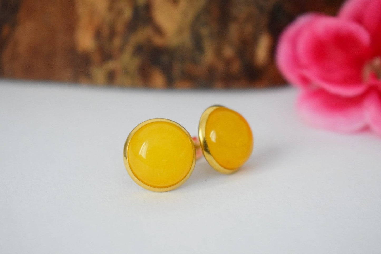 Yellow jade stud earrings, 18k gold plated stainless steel, 10mm Jade jewelry, Birthstone, Handmade jewelry, Christmas gift for her