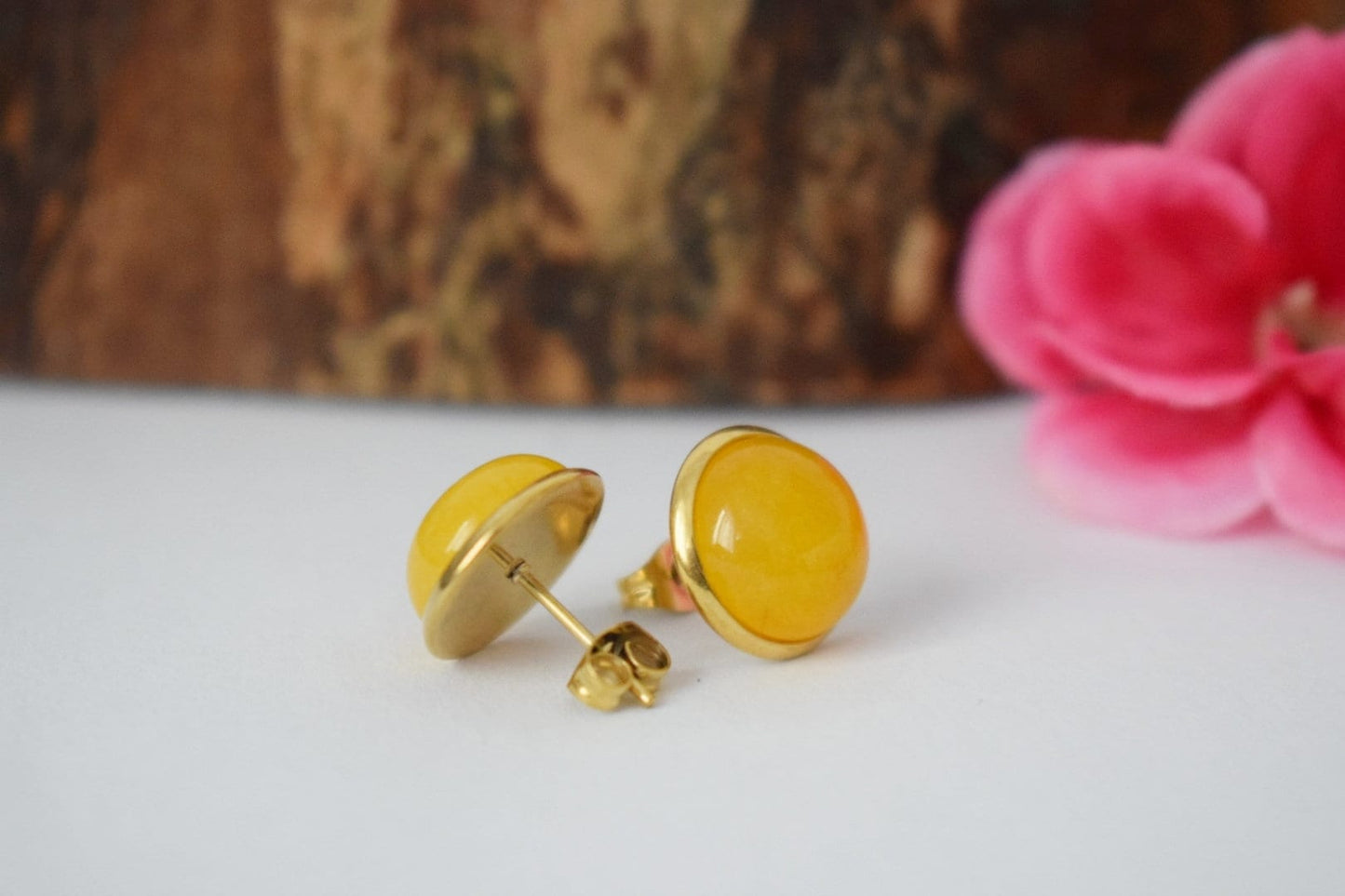 Yellow jade stud earrings, 18k gold plated stainless steel, 10mm Jade jewelry, Birthstone, Handmade jewelry, Christmas gift for her