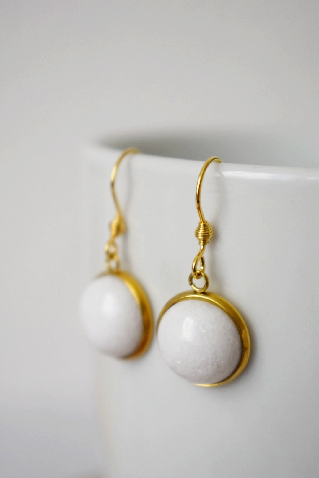 White jade dangle earrings 18k gold plated stainless steel 10mm pendant and earrings hooks, Best Christmas gift for her