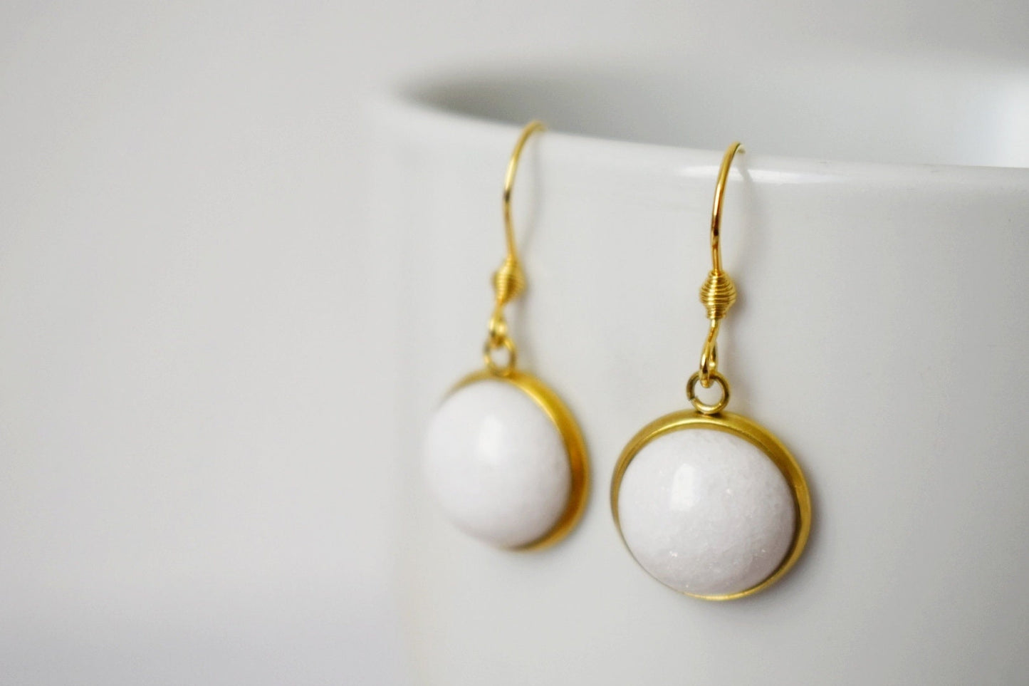 White jade dangle earrings 18k gold plated stainless steel 10mm pendant and earrings hooks, Best Christmas gift for her