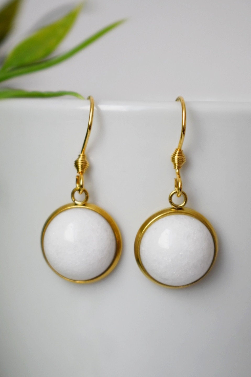 White jade dangle earrings 18k gold plated stainless steel 10mm pendant and earrings hooks, Best Christmas gift for her