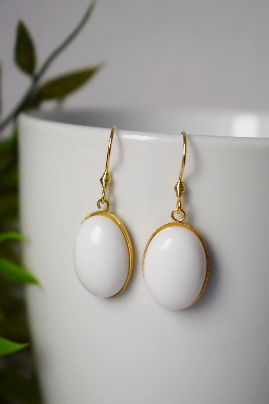 White jade oval gold earrings, White gemstone dangle drop earrings, Hanging stone earrings, Jade gold jewelry, Anniversary gifts for women