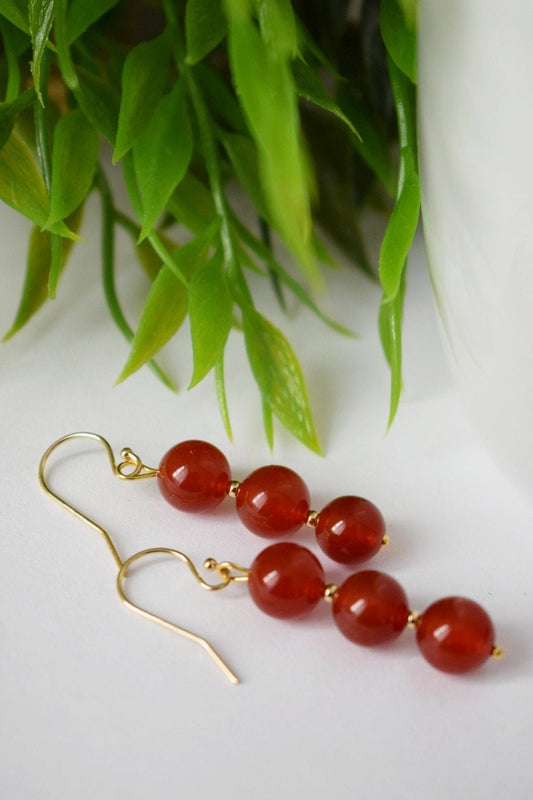 Carnelian dangle earrings, Red gemstone bead dainty earrings, Gold plated stainless steel, Jewelry gift for herBest christmas gift