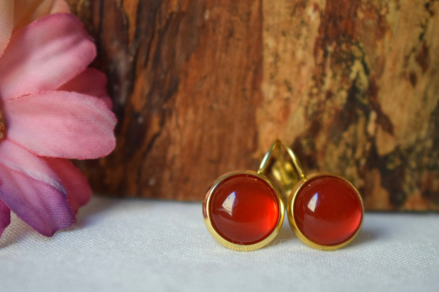 Karneol Ohrringe, Edelstein Ohrringe, Rot orange Naturstein, Handgemachter 18k vergoldeter Schmuck, Valentinstag Geschenk für Sie