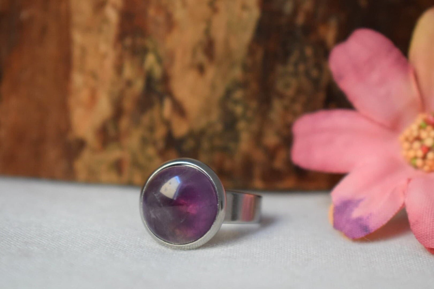 Amethyst Edelstein Ring, Verstellbarer Ring aus Naturstein, Alltäglicher lila runder Kristallring, handgefertigter Schmuck, Geburtstagsgeschenk für Sie