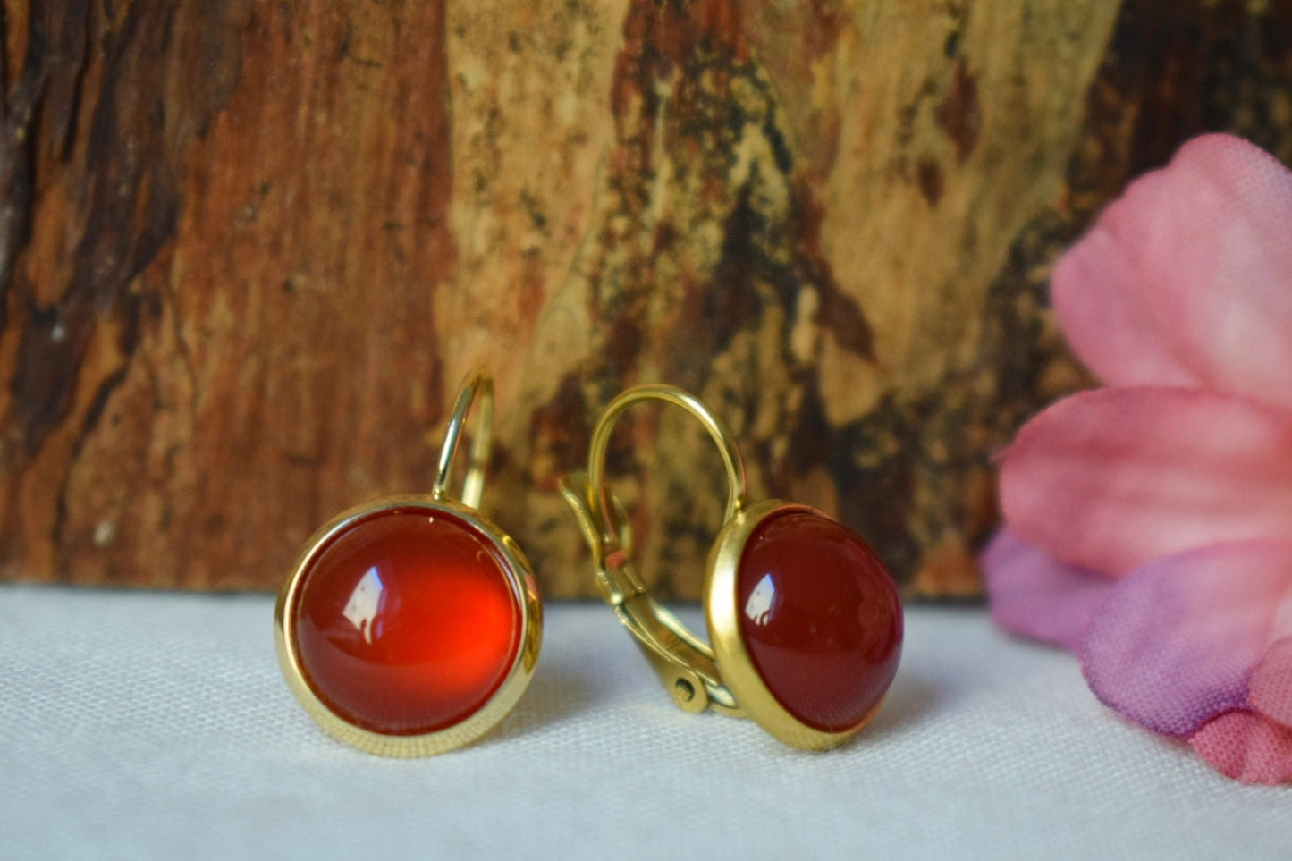 Karneol Ohrringe, Edelstein Ohrringe, Rot orange Naturstein, Handgemachter 18k vergoldeter Schmuck, Valentinstag Geschenk für Sie