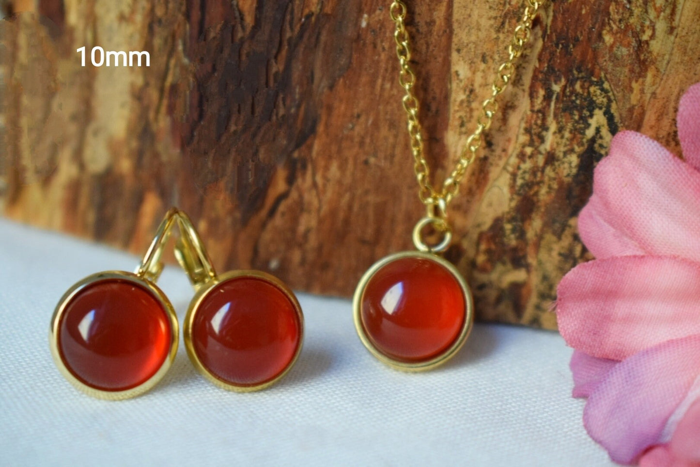 Carnelian Stud Earrings: 18k gold plated Gemstone Round Red Orange jewelry