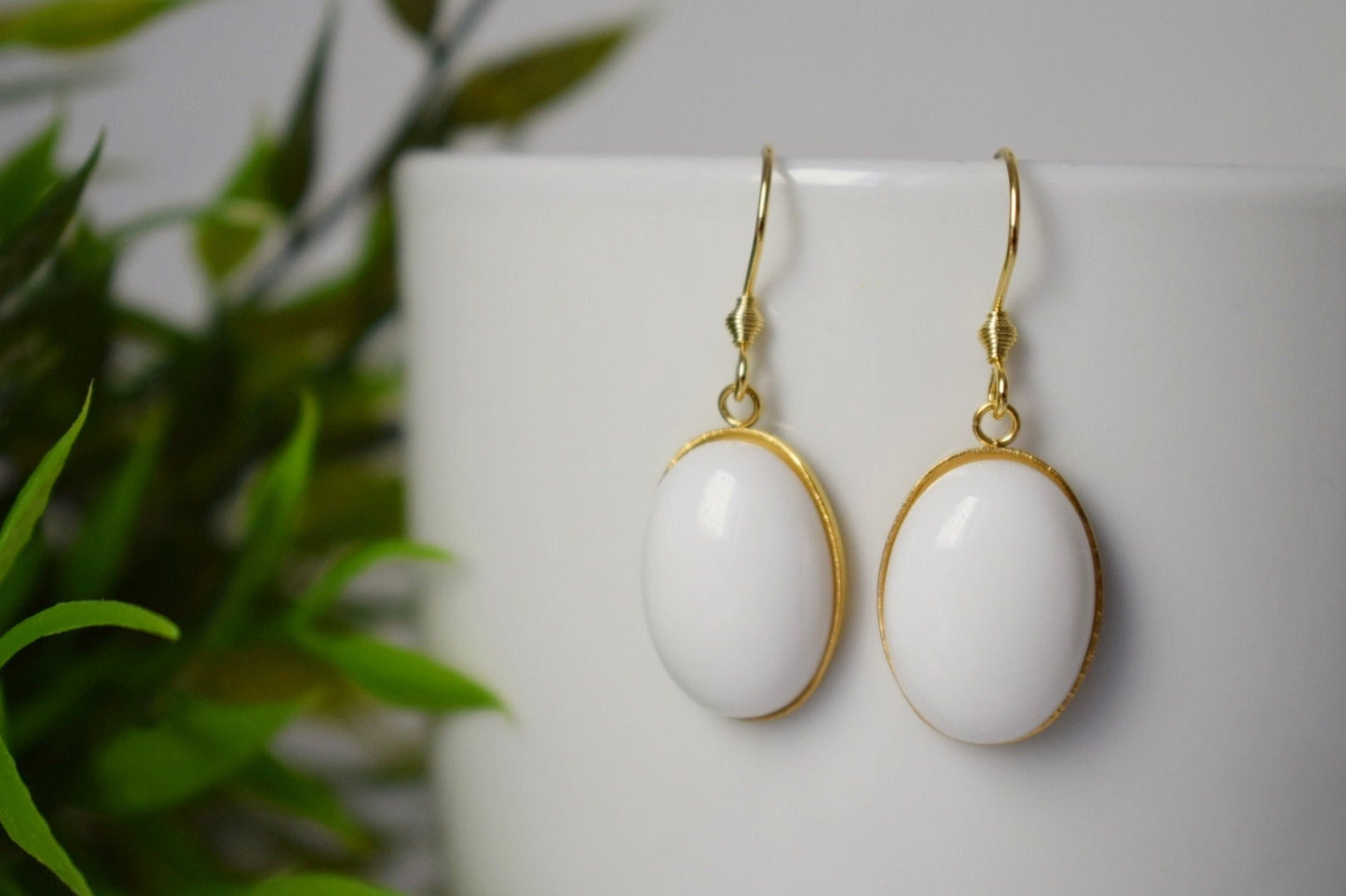 White jade oval gold earrings, White gemstone dangle drop earrings, Hanging stone earrings, Jade gold jewelry, Anniversary gifts for women