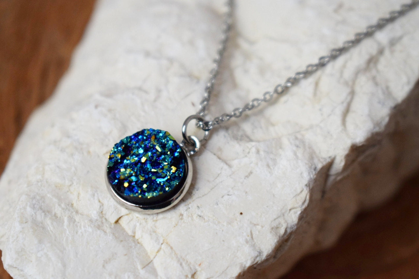 Blue Druzy Dangle Earrings: Stainless Steel Leverback, Faux Druzy Jewelry