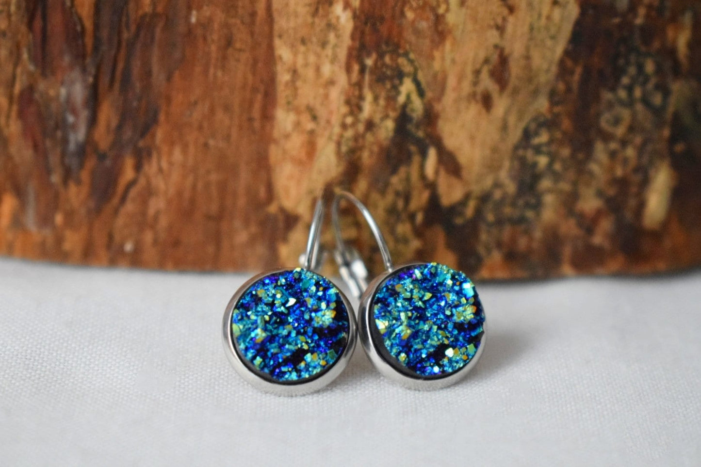Funkelnde blaue Druzy Ohrringe, Druzy Tropfen Silber Ohrringe, Faux Druzy, Drusy Leverbacks Ohrringe, Basic Ohrringe, Geburtstagsgeschenk für Sie
