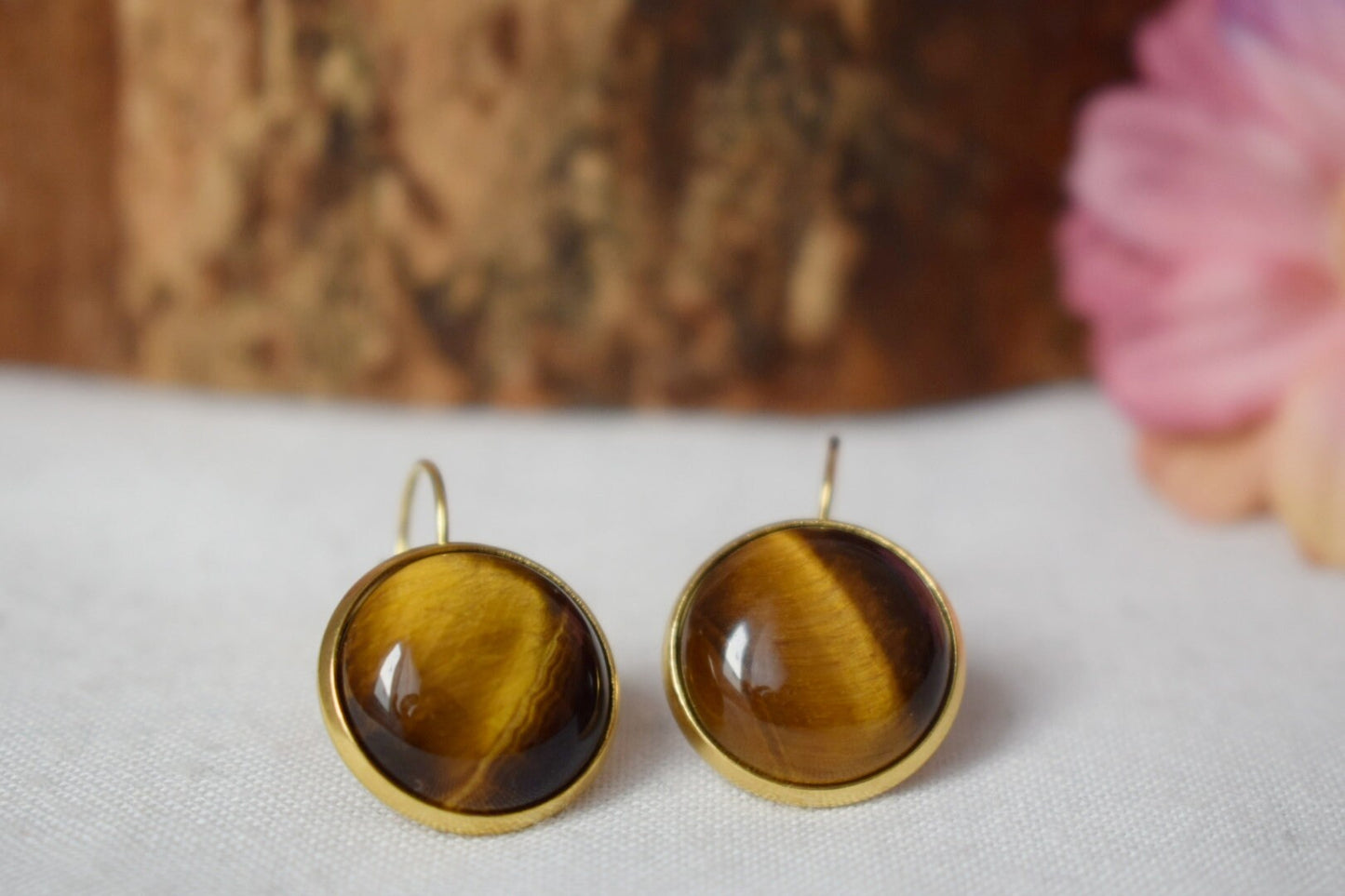 Tigerauge-Ohrringe für Frauen, 12 mm, Tigerauge-Edelstein, Goldbraun, Leverback, Chakra, Heilstein, Tigerauge-Schmuckgeschenk für Sie