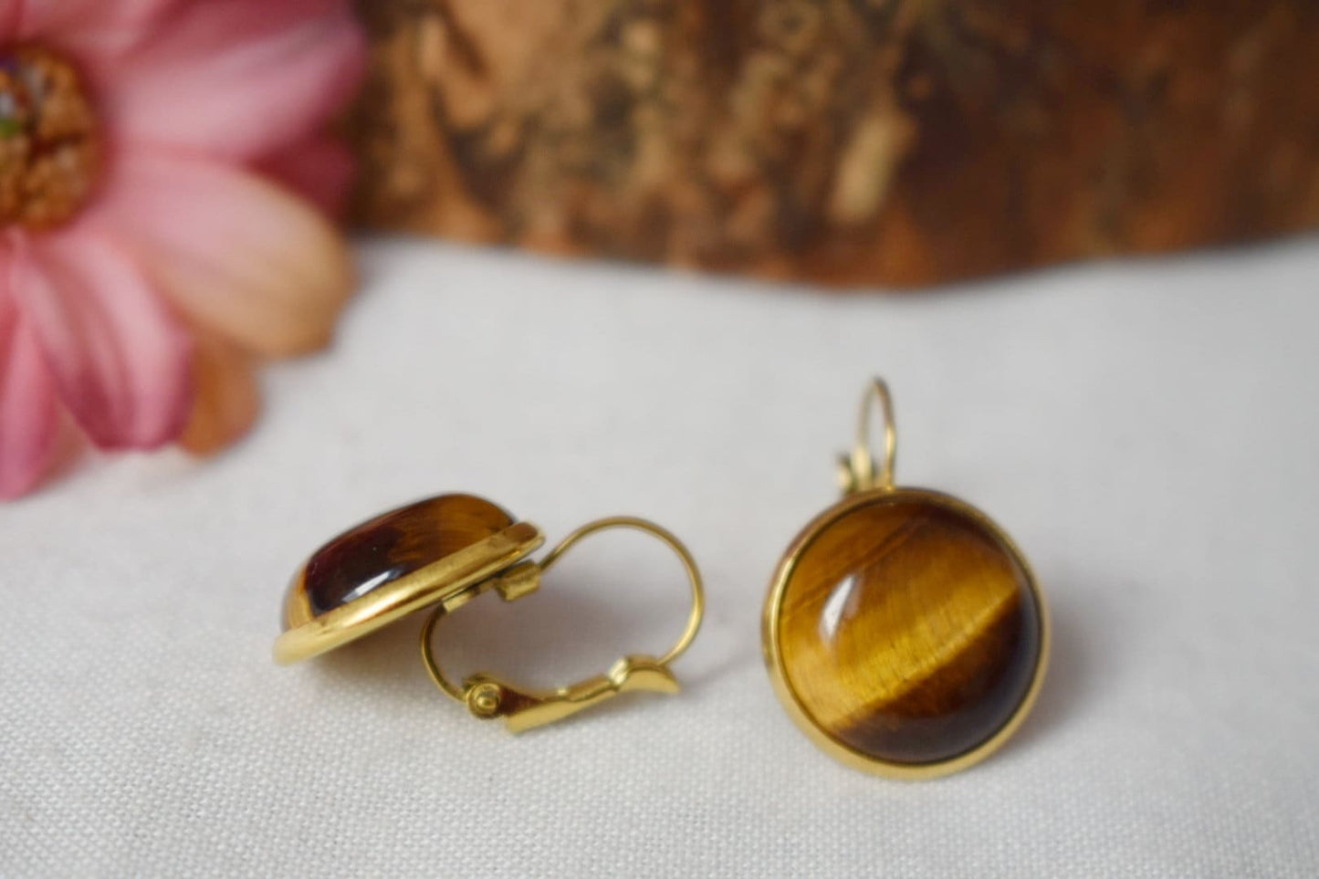 Tigerauge-Ohrringe für Frauen, 12 mm, Tigerauge-Edelstein, Goldbraun, Leverback, Chakra, Heilstein, Tigerauge-Schmuckgeschenk für Sie