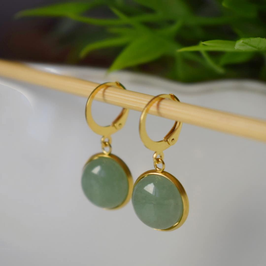 Aventurin Ohrringe baumeln, Grün, Gold, Edelstein, Lever Back Creolen mit Stein, Hängende Ohrringe, Aventurin Gold Schmuck, Geschenk für sie