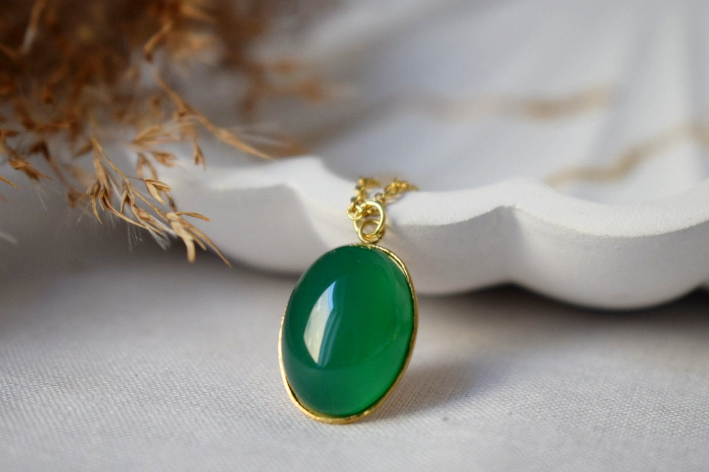 Grüne Achat Halskette Gold, Ovale Edelstein Anhänger Halskette für Frauen, Lange Grüne Stein Statement Halskette, Achat Schmuck, Geschenk für Sie