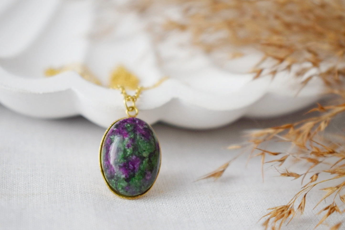 Rubin in Zoisit Goldkette oval, Rubin-Zoisit Edelstein Anhänger, Grün, Rosa, Grüner Stein, Rubinfuchsit, Rubin in Zoisit Schmuck, Geschenk