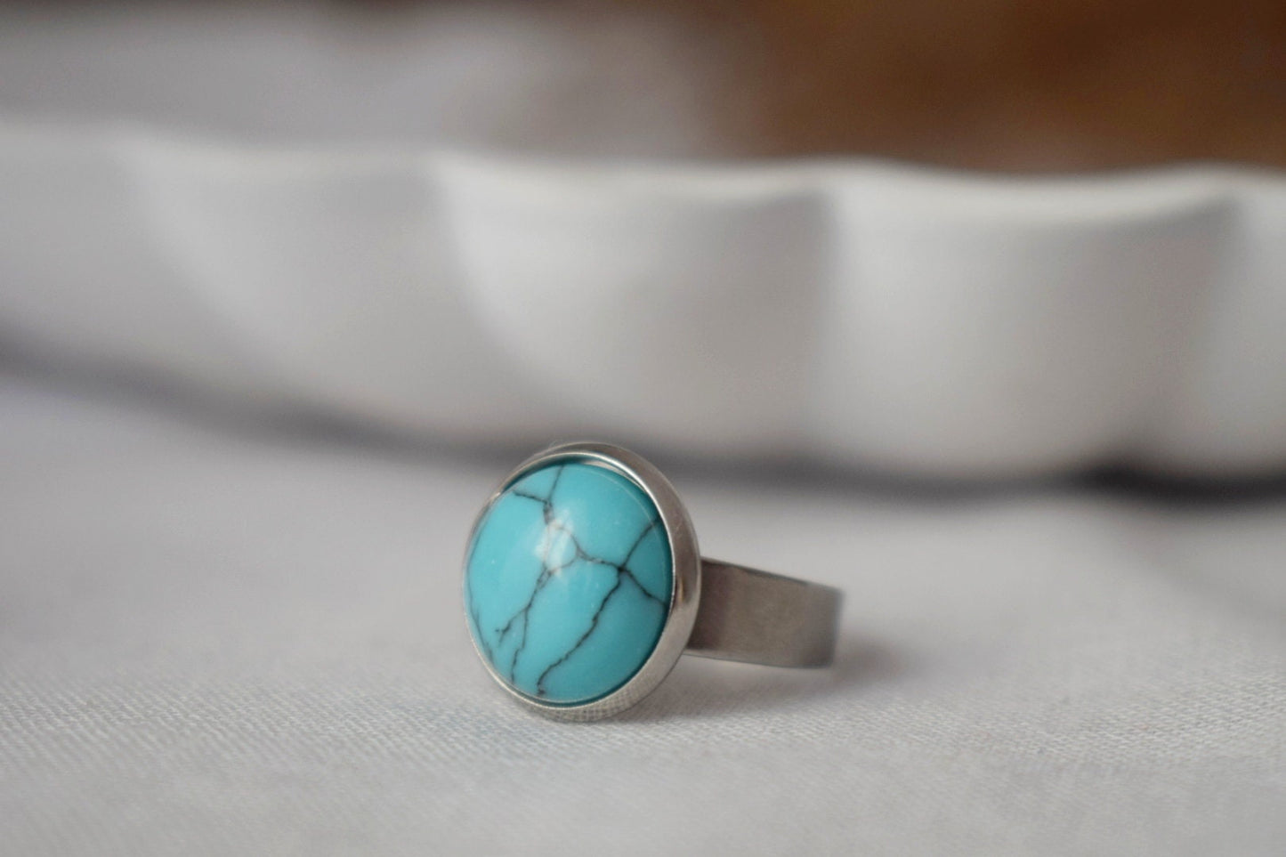 Türkisring Damen, Statement Steinring, Runder blauer Edelstein Alltagsring, Verstellbarer blauer Ring, handgefertigter Schmuck, Geschenk für Sie