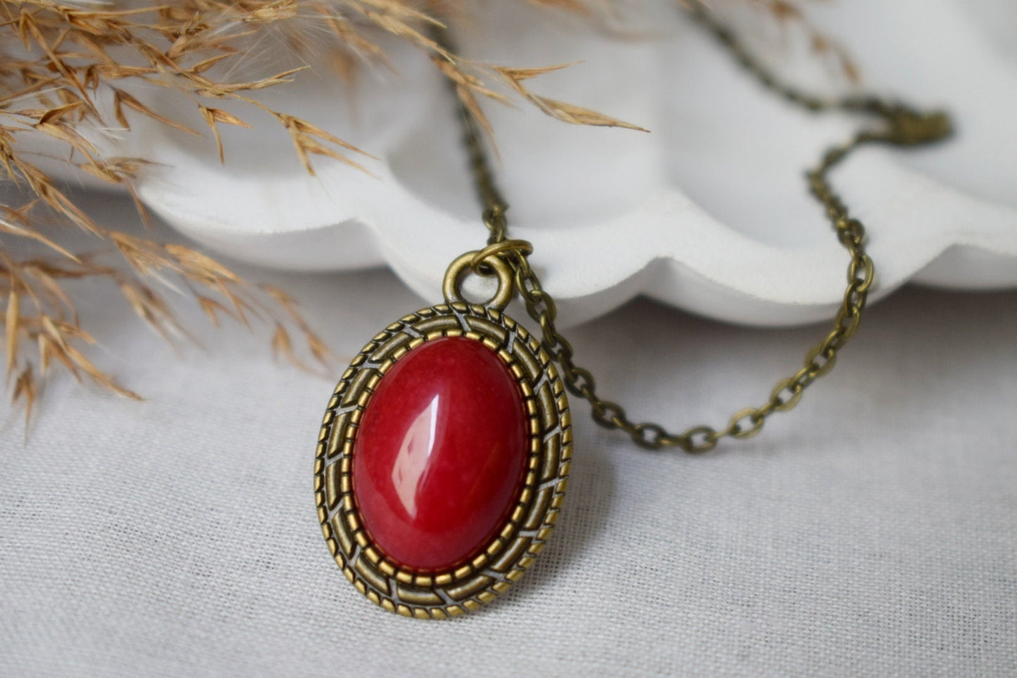 Red Jade Necklace: Vintage Oval Stone Pendant, Boho Jewelry