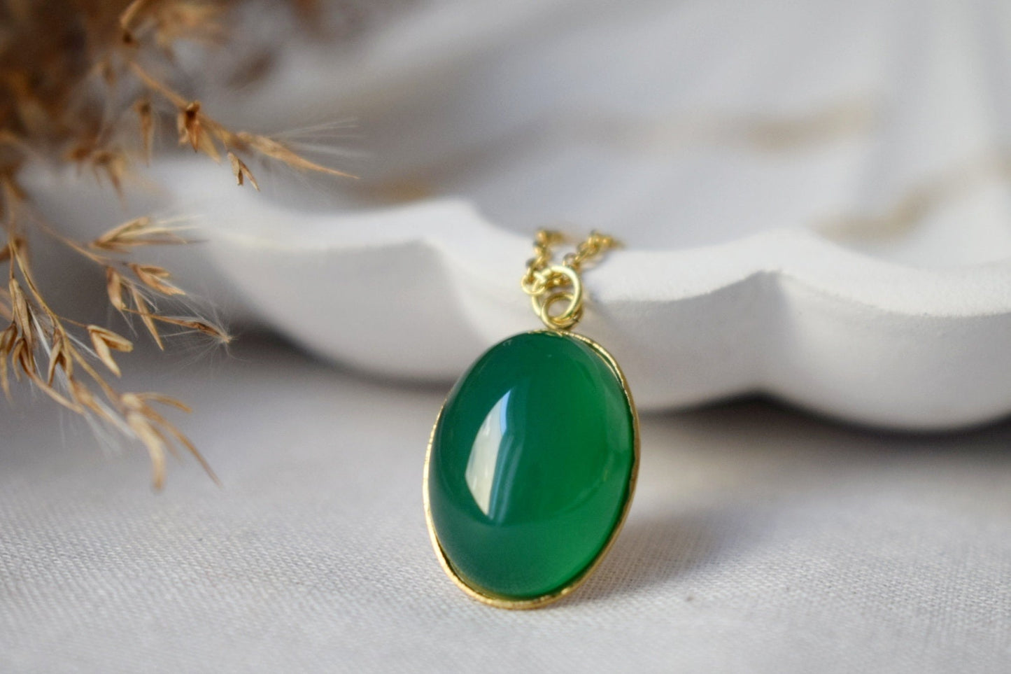 Grüne Achat Halskette Gold, Ovale Edelstein Anhänger Halskette für Frauen, Lange Grüne Stein Statement Halskette, Achat Schmuck, Geschenk für Sie