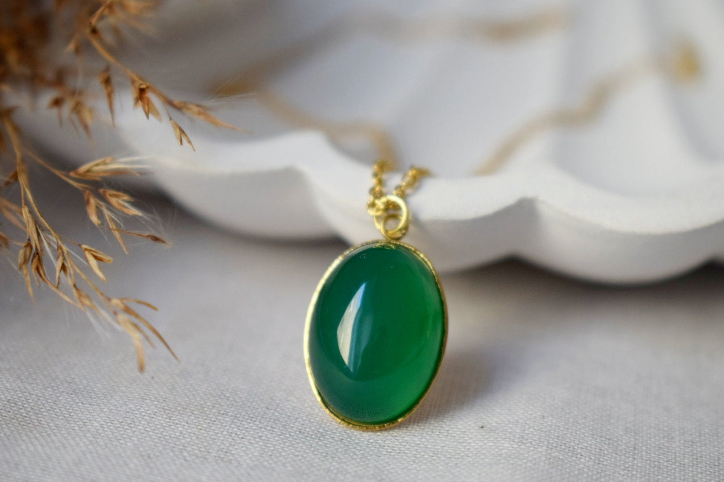 Grüne Achat Halskette Gold, Ovale Edelstein Anhänger Halskette für Frauen, Lange Grüne Stein Statement Halskette, Achat Schmuck, Geschenk für Sie