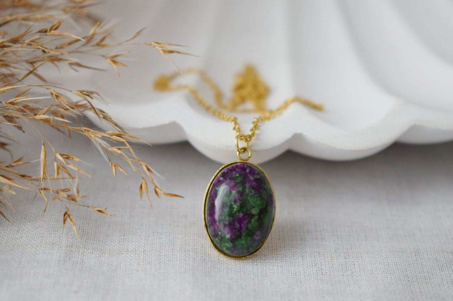 Rubin in Zoisit Goldkette oval, Rubin-Zoisit Edelstein Anhänger, Grün, Rosa, Grüner Stein, Rubinfuchsit, Rubin in Zoisit Schmuck, Geschenk
