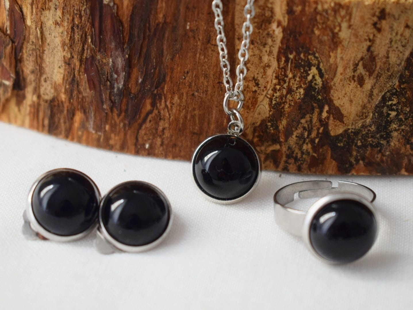 Kleine schwarze Ohrclips, Schwarze Achatohrringe silber, Edelstein-Ohrclips, Stein, Edelstahl, Cabochon, nicht durchbohrte Ohrringe unisex