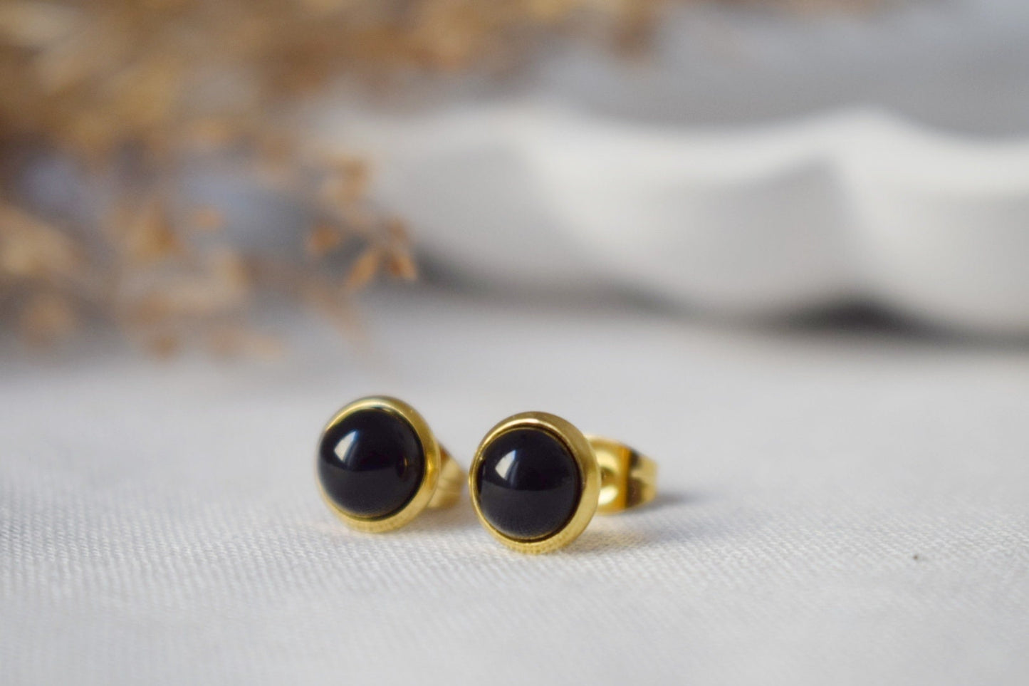 Mini Schwarze Achat Ohrstecker Gold, 6mm Edelstein Runde Ohrringe, Klein, Minimalistisch, Schmuck Geburtsstein, Unisex Push Back Ohrringe, Geschenk