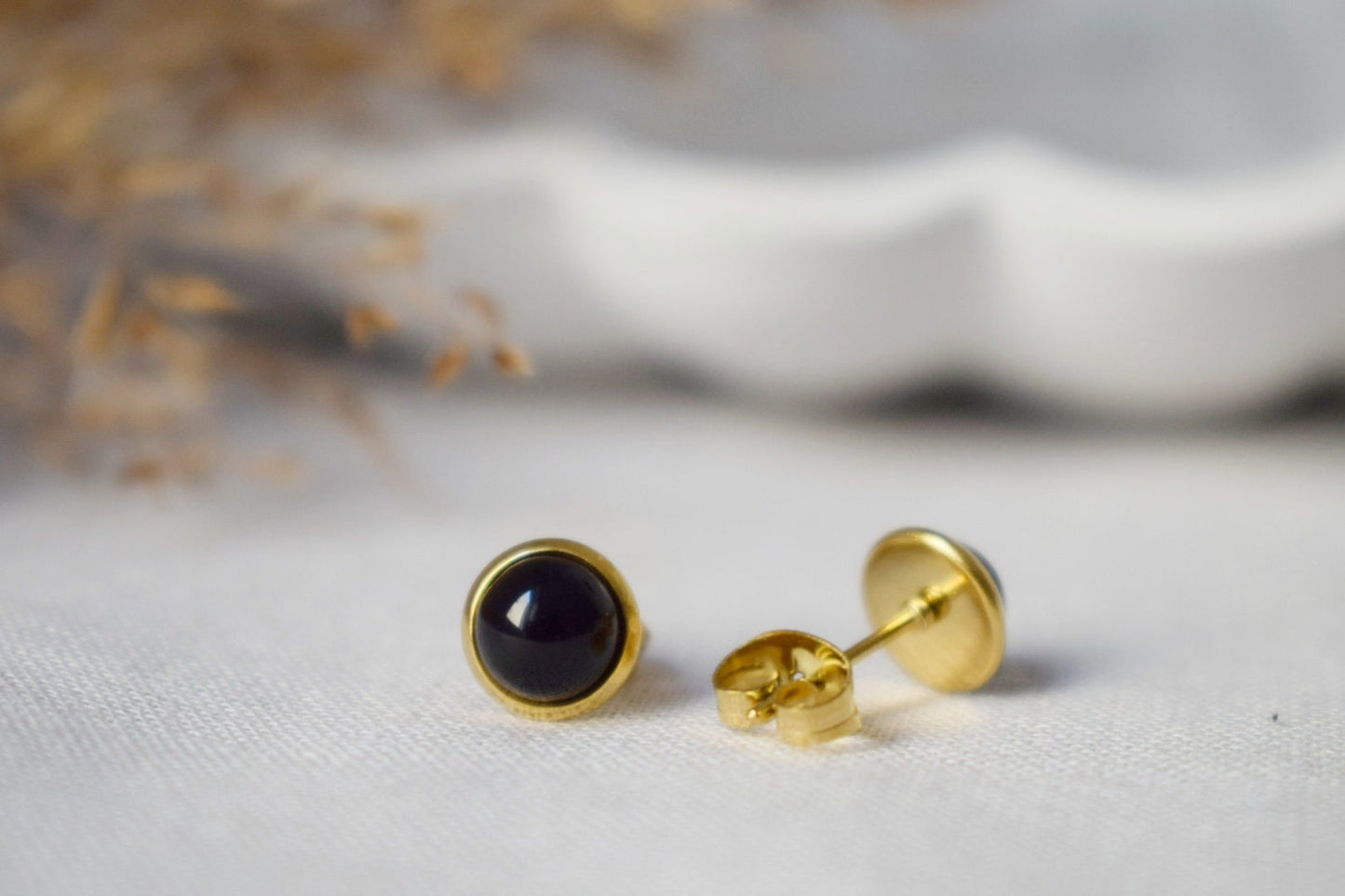 Mini Schwarze Achat Ohrstecker Gold, 6mm Edelstein Runde Ohrringe, Klein, Minimalistisch, Schmuck Geburtsstein, Unisex Push Back Ohrringe, Geschenk