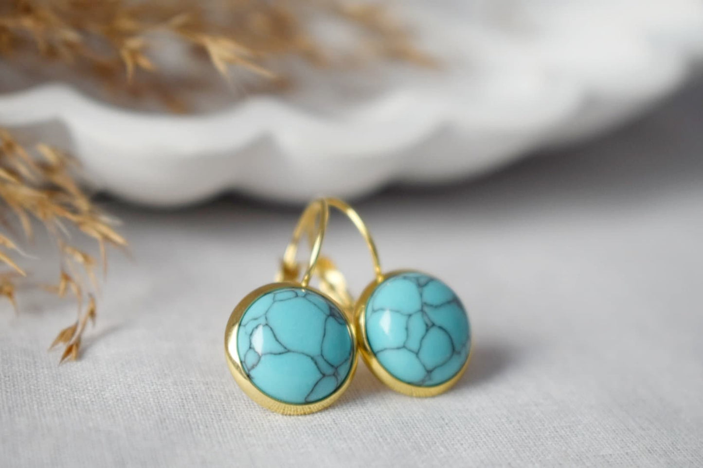 Türkise Ohrringe, 18 Karat vergoldete Edelstahlohrringe, runder Edelstein, leicht, handgefertigter Boho-Schmuck, Geschenk für Sie