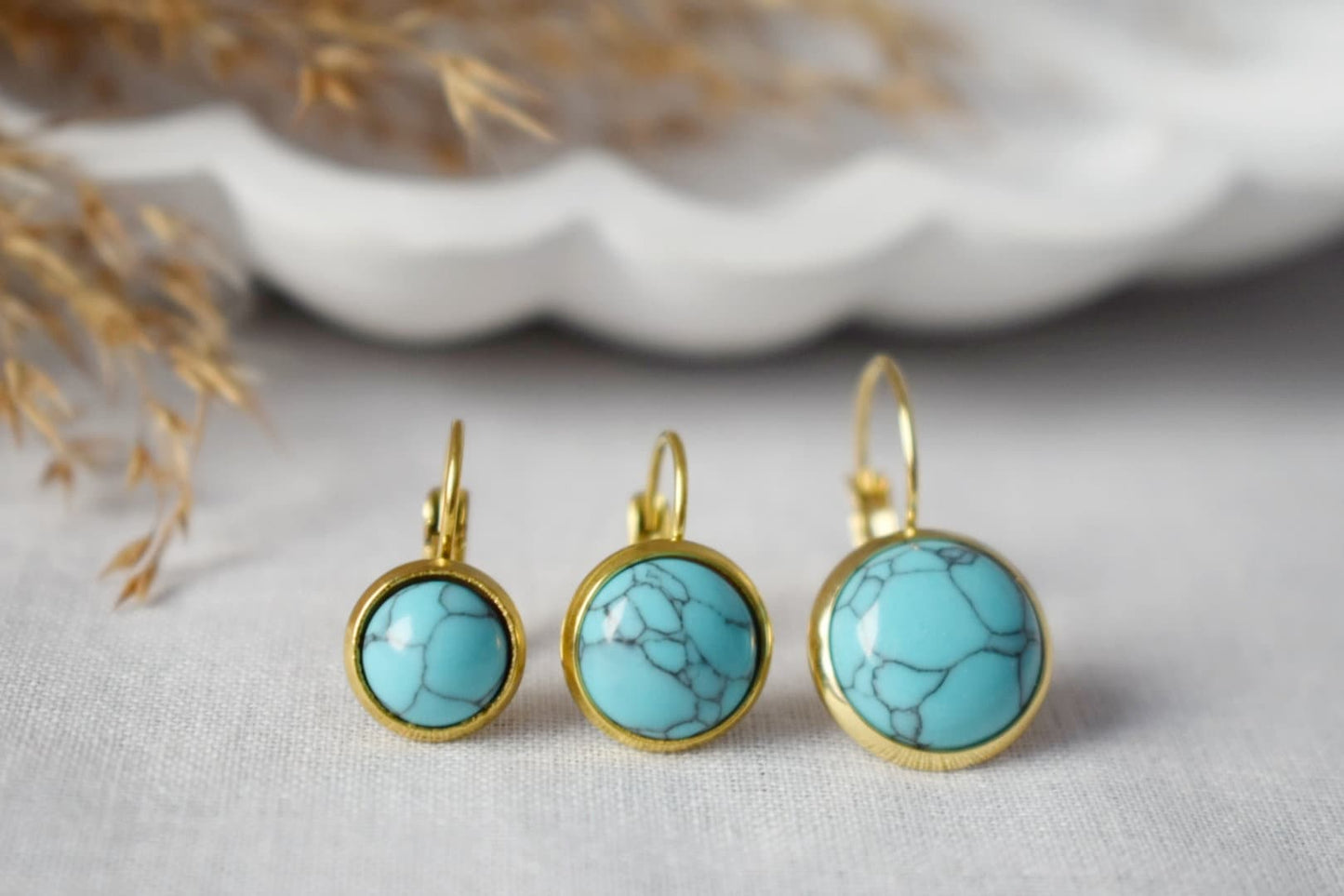 Türkise Ohrringe, 18 Karat vergoldete Edelstahlohrringe, runder Edelstein, leicht, handgefertigter Boho-Schmuck, Geschenk für Sie