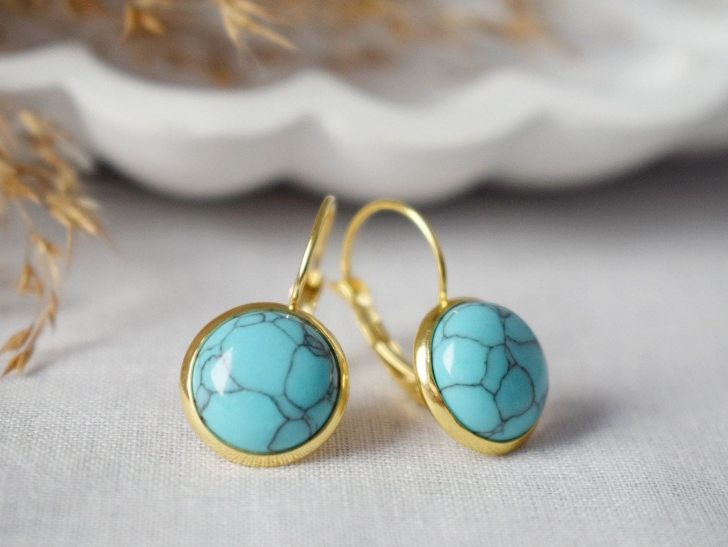 Türkise Ohrringe, 18 Karat vergoldete Edelstahlohrringe, runder Edelstein, leicht, handgefertigter Boho-Schmuck, Geschenk für Sie