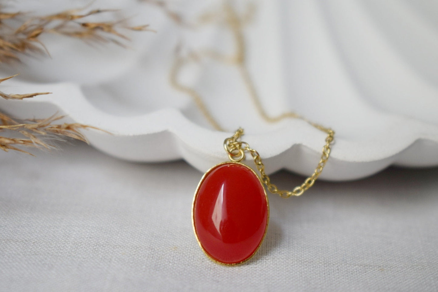 Red jade pendant necklace gold for women, Oval gemstone red necklace, Red stone necklace, Red gold, Jade jewelry, Handmade gift for her