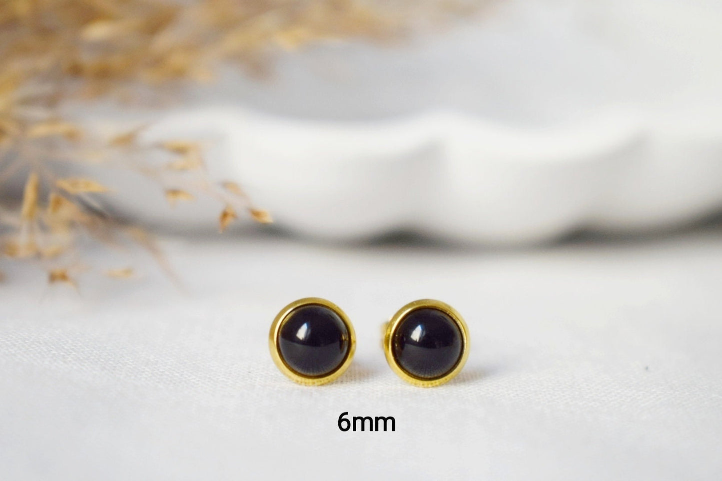 Mini Schwarze Achat Ohrstecker Gold, 6mm Edelstein Runde Ohrringe, Klein, Minimalistisch, Schmuck Geburtsstein, Unisex Push Back Ohrringe, Geschenk