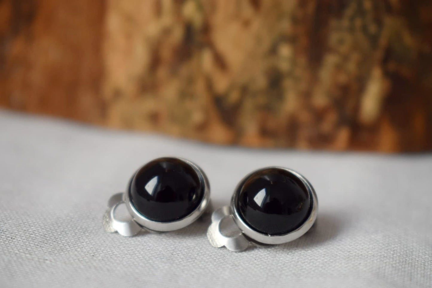 Kleine schwarze Ohrclips, Schwarze Achatohrringe silber, Edelstein-Ohrclips, Stein, Edelstahl, Cabochon, nicht durchbohrte Ohrringe unisex