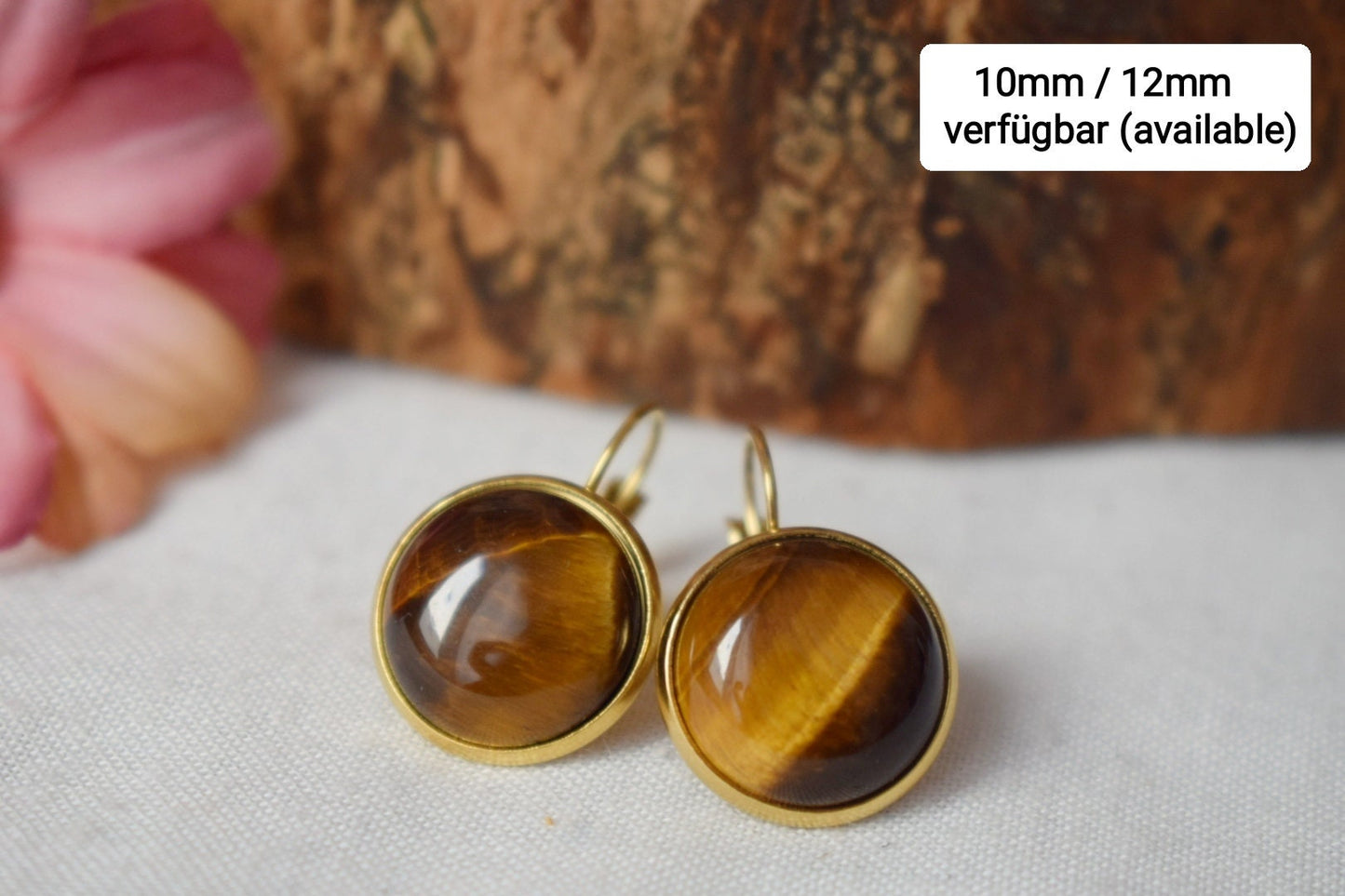 Tigerauge-Ohrhänger mit 12 mm runden Edelstahl-Ohrringen mit Hebelverschluss, Edelstein-Schmuckgeschenk für sie, Bestes Muttertagsgeschenk