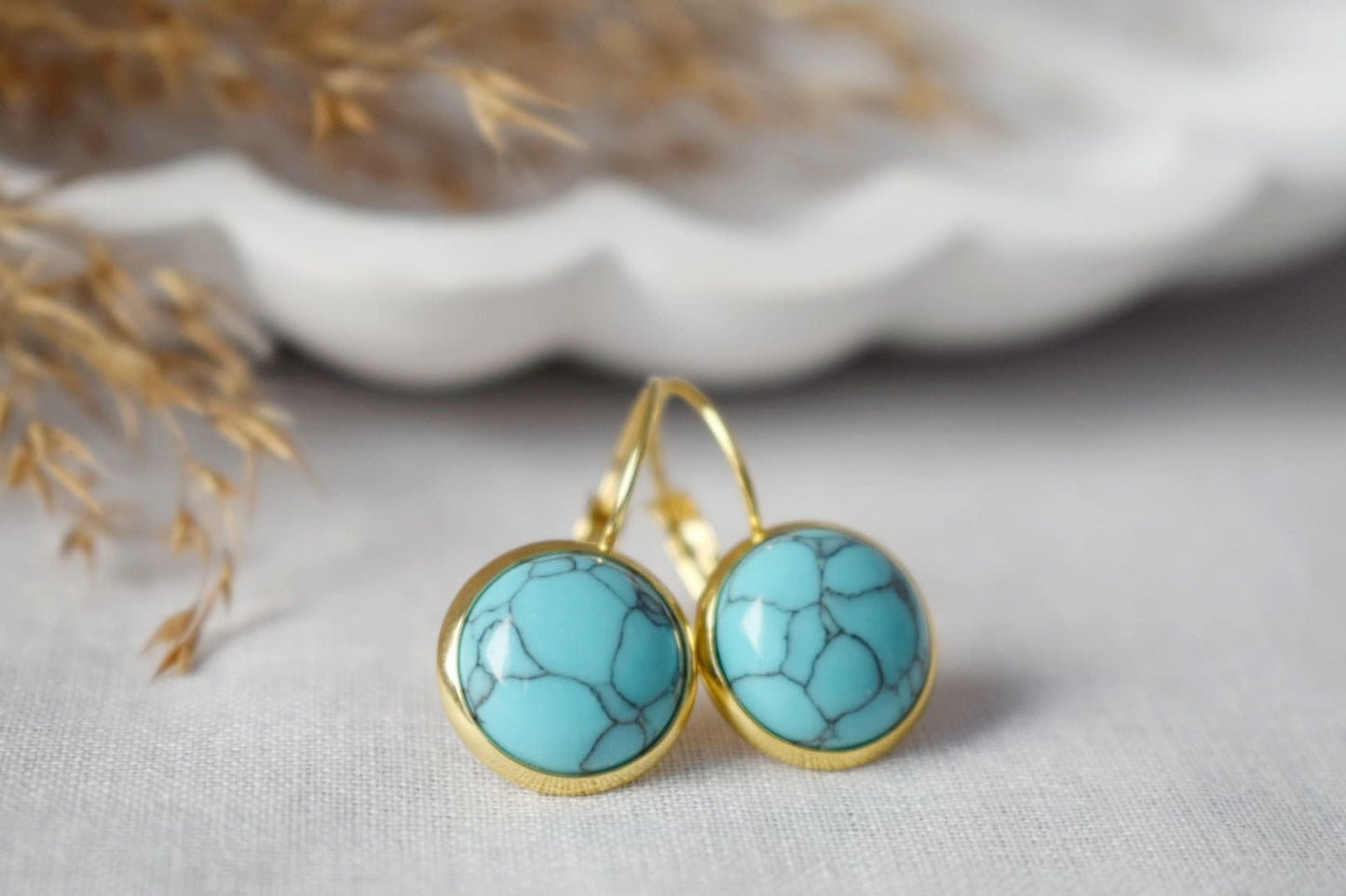 Türkise Ohrringe, 18 Karat vergoldete Edelstahlohrringe, runder Edelstein, leicht, handgefertigter Boho-Schmuck, Geschenk für Sie