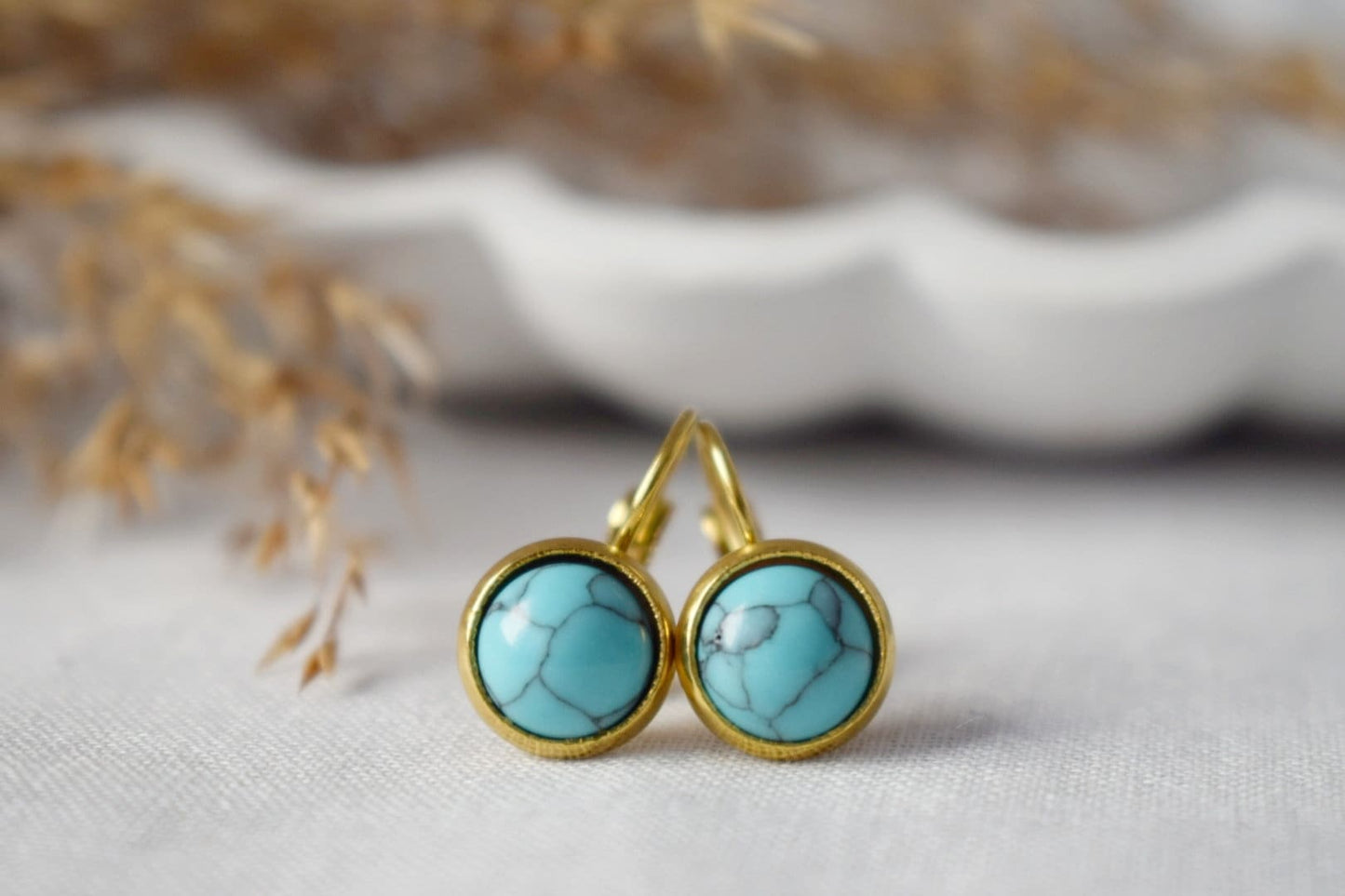 Türkise Ohrringe, 18 Karat vergoldete Edelstahlohrringe, runder Edelstein, leicht, handgefertigter Boho-Schmuck, Geschenk für Sie