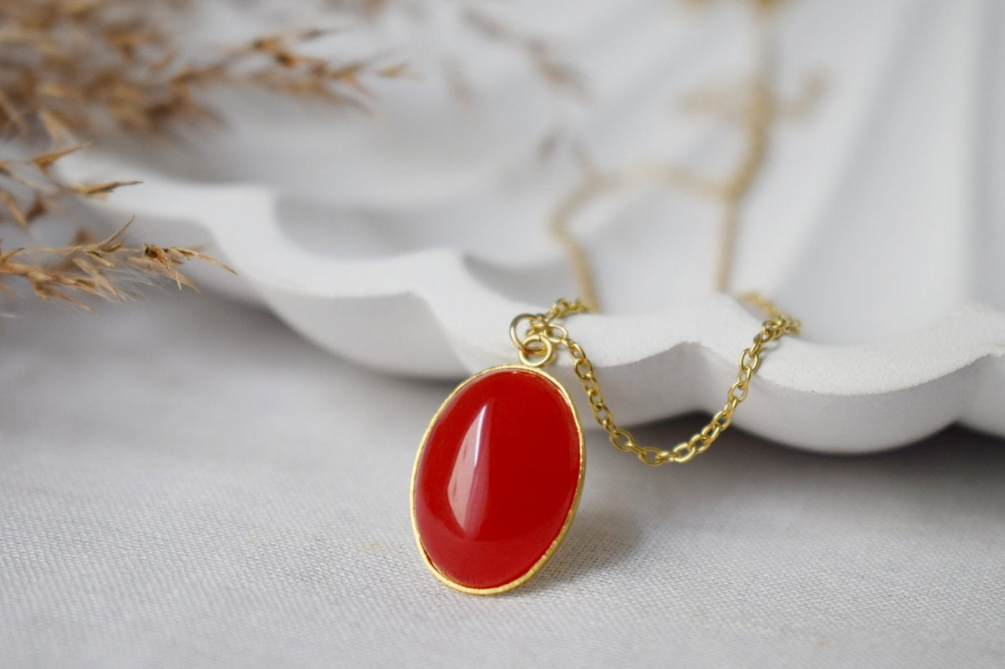 Red jade pendant necklace gold for women, Oval gemstone red necklace, Red stone necklace, Red gold, Jade jewelry, Handmade gift for her