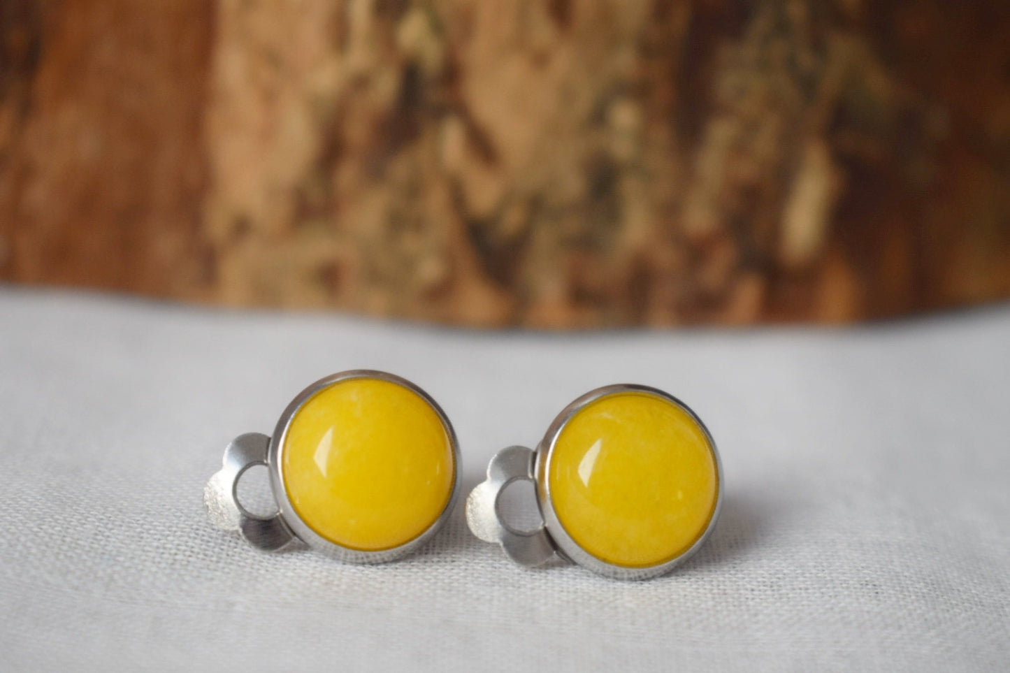 Yellow jade Clip on earrings, Gemstone ear clips, Surgical stainless steel, Stone non pierced earrings, No hole earrings, Best jewelry gift