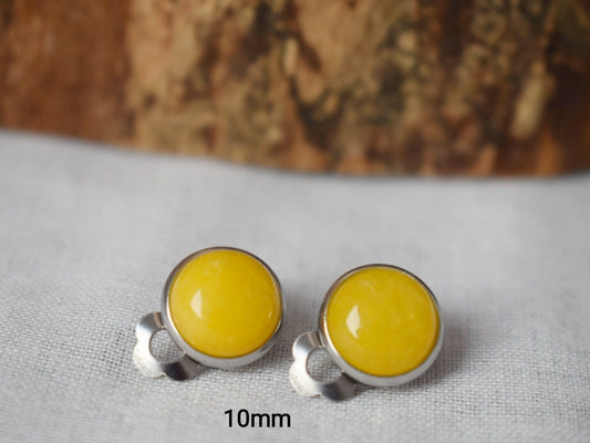 Small yellow jade clip on earrings, 10mm Gemstone non pierced earrings for women, No hole surgical stainless steel earrings, Minimalist jewelry, Christmas gift