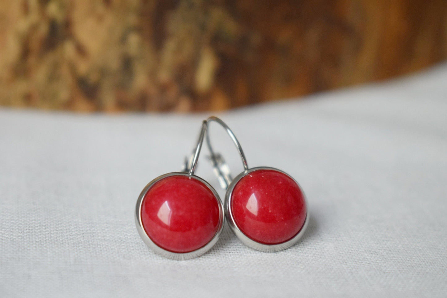 Red Jade Stainless Steel Lever Back Earrings, Round Stone Jewelry
