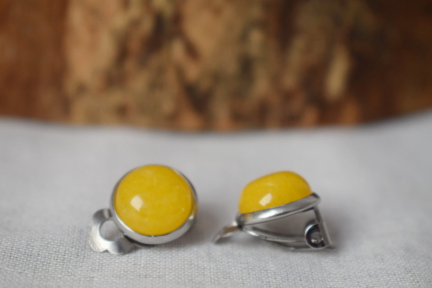 Small yellow jade clip on earrings, 10mm Gemstone non pierced earrings for women, No hole surgical stainless steel earrings, Minimalist jewelry, Christmas gift