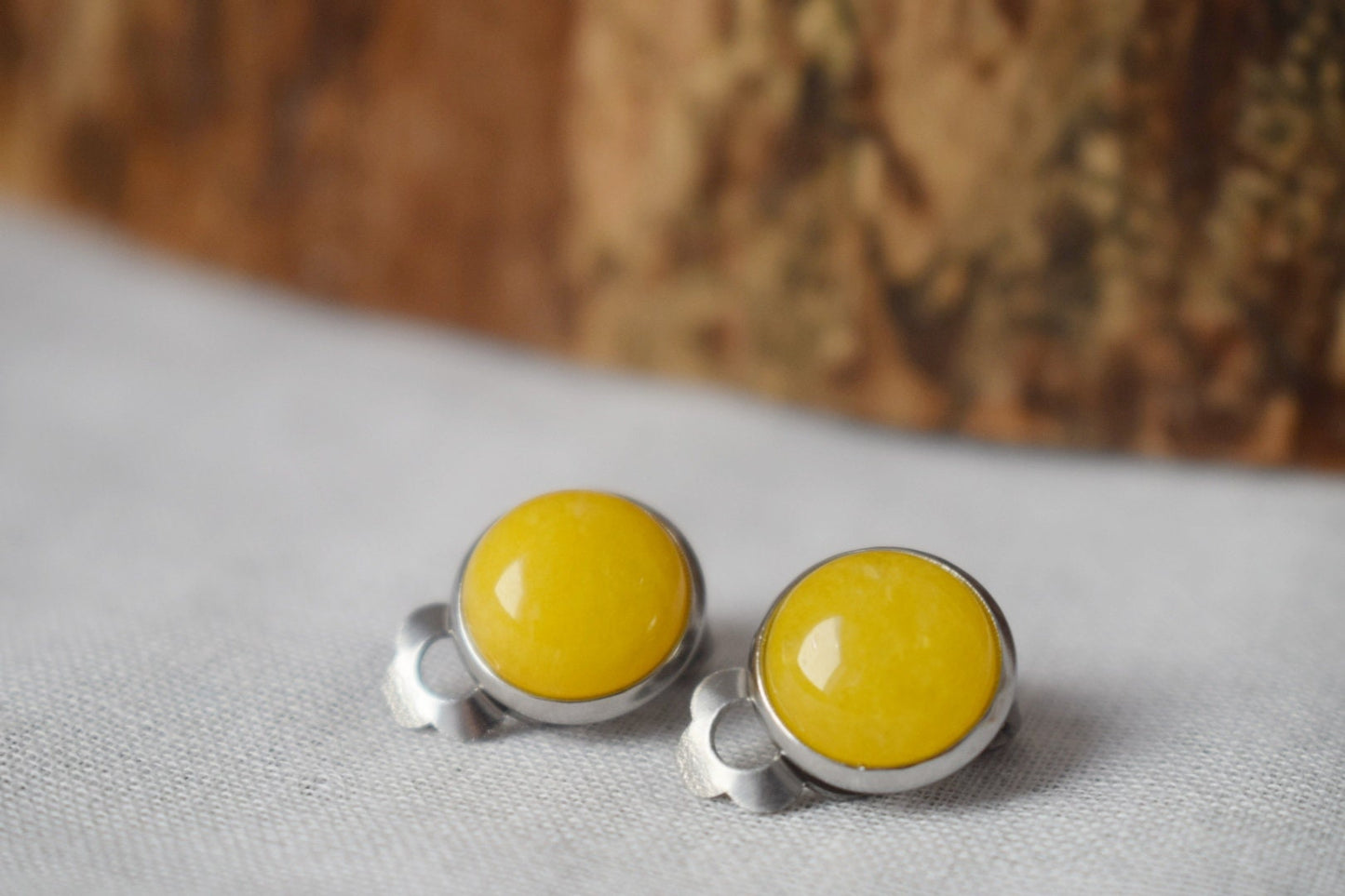 Small yellow jade clip on earrings, 10mm Gemstone non pierced earrings for women, No hole surgical stainless steel earrings, Minimalist jewelry, Christmas gift