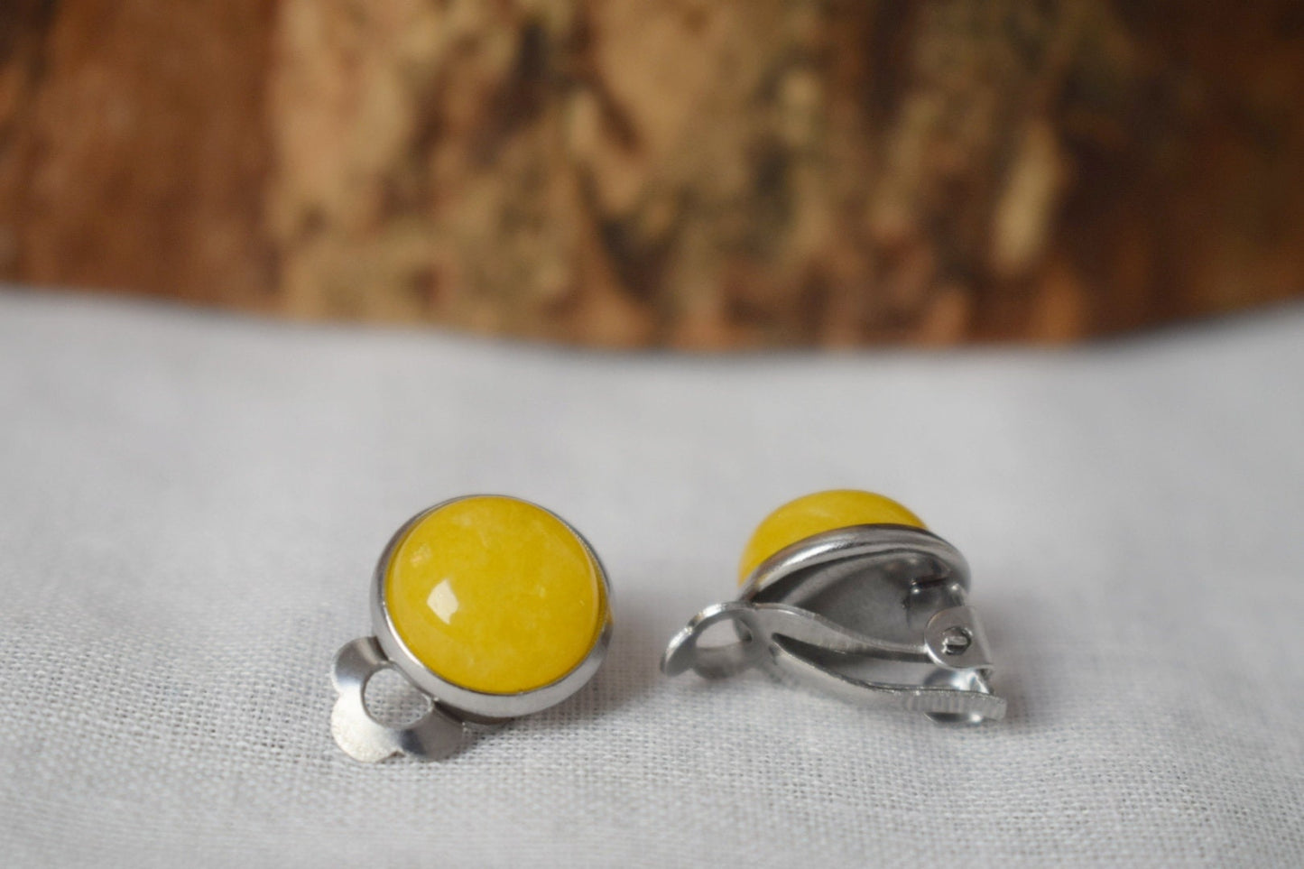 Small yellow jade clip on earrings, 10mm Gemstone non pierced earrings for women, No hole surgical stainless steel earrings, Minimalist jewelry, Christmas gift