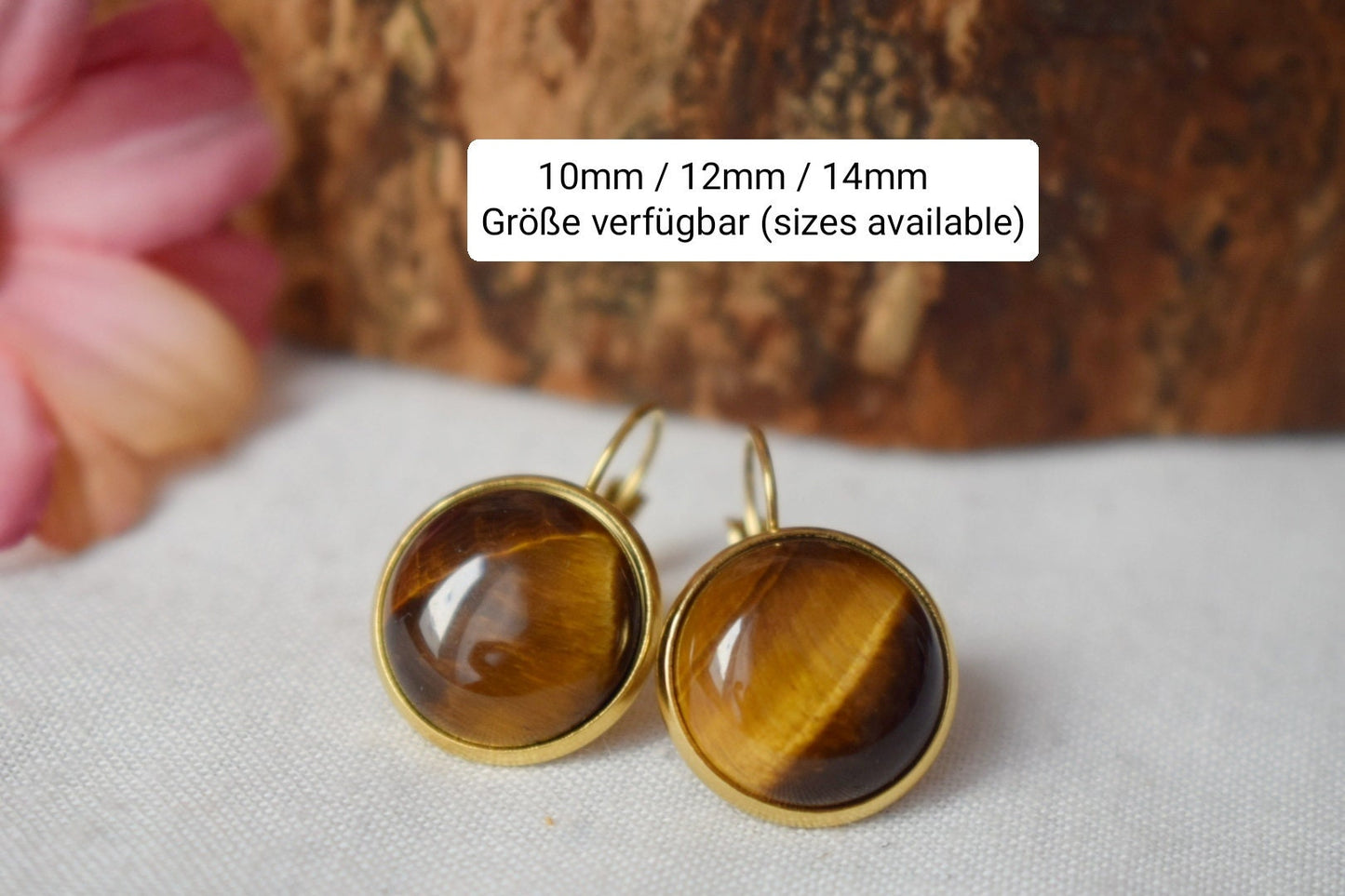 Tigerauge Halskette Gold mit Anhänger für Frauen, Edelstein, Tigerauge Schmuck, rund, Cabochon, Edelstahl, Steinkette, Geschenk für Sie