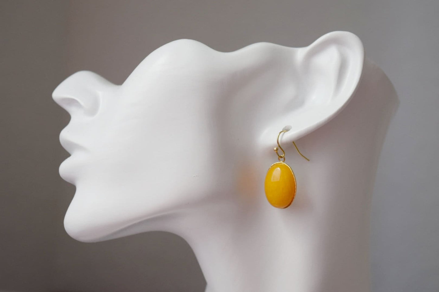 Yellow Jade Earrings Gold, Oval Gemstone Hanging Earrings, Dark Yellow Pendant, Dangle Drop Stone Earrings For Women, Jade Jewelry, Gift For Her