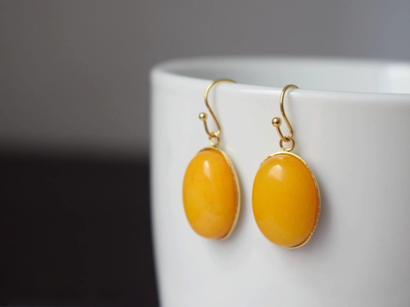 Yellow Jade Earrings Gold, Oval Gemstone Hanging Earrings, Dark Yellow Pendant, Dangle Drop Stone Earrings For Women, Jade Jewelry, Gift For Her