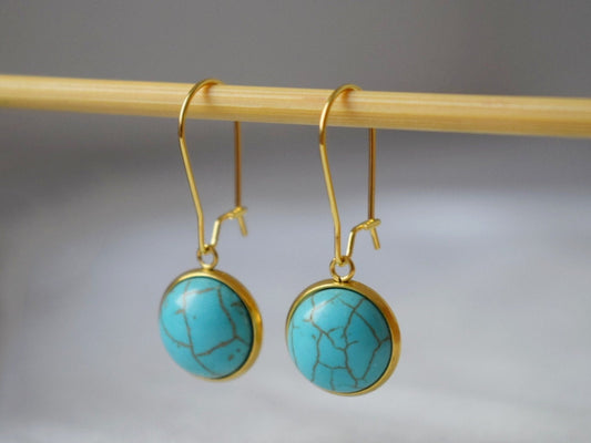 Türkisfarbene Ohrringe, Edelstein-Ohrringe gold, runde Hängeohrringe, Leverback-Ohrringe, Türkisschmuck, Geschenk für Sie