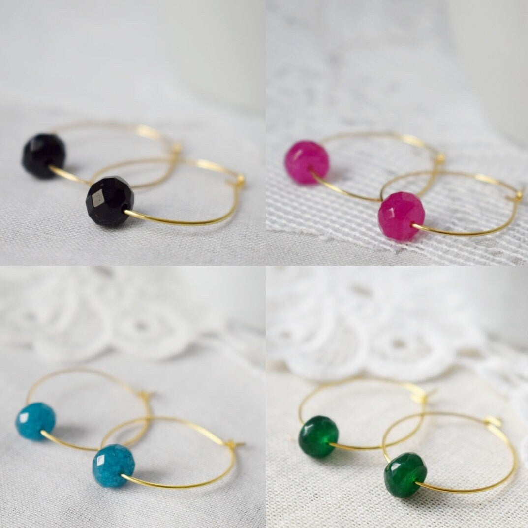 Black Jade Hoop Earrings: 18k Gold Plated Stainless Steel, Minimalist Jewelry