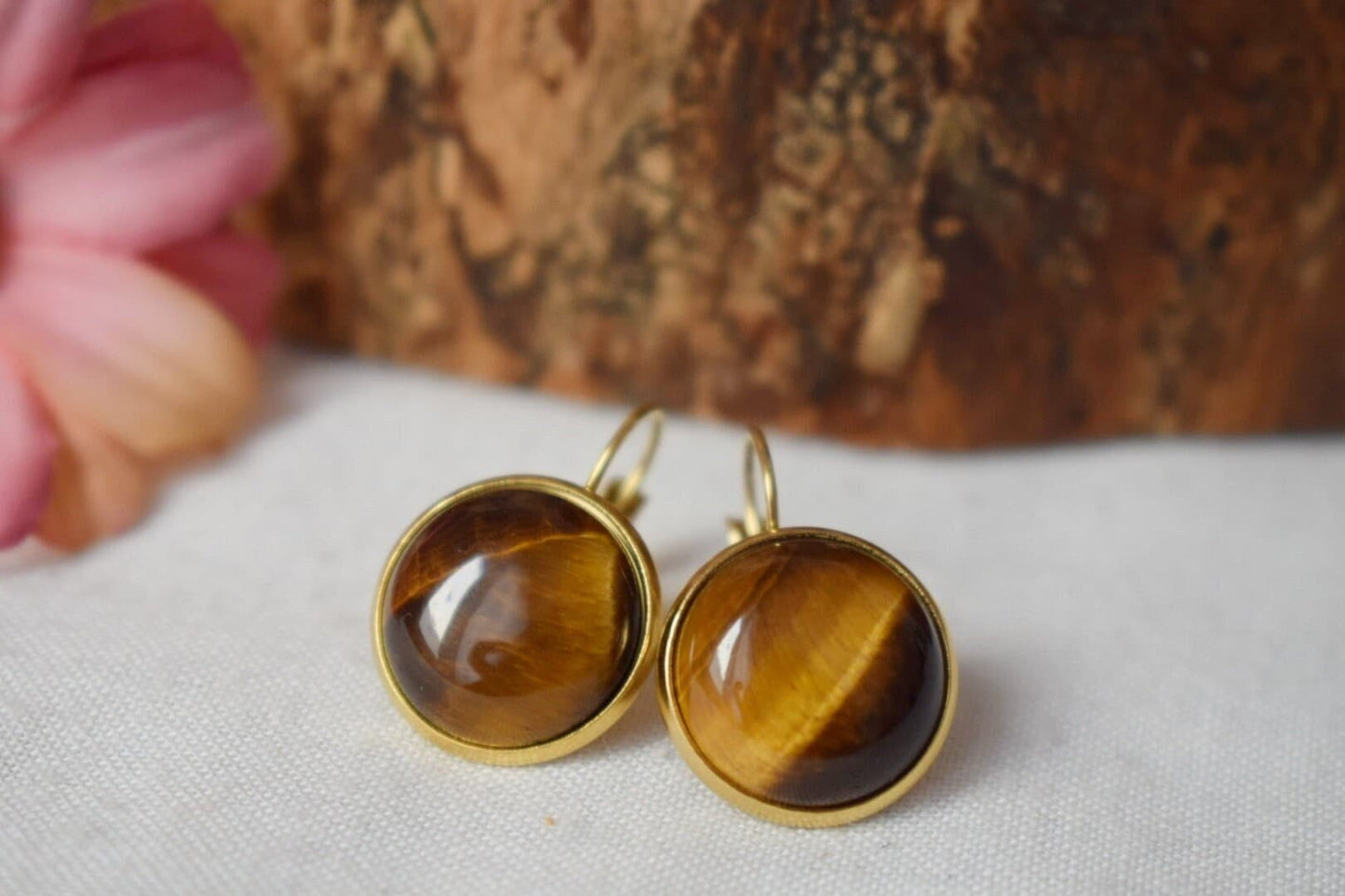 Tigerauge-Ohrringe für Frauen, 12 mm, Tigerauge-Edelstein, Goldbraun, Leverback, Chakra, Heilstein, Tigerauge-Schmuckgeschenk für Sie