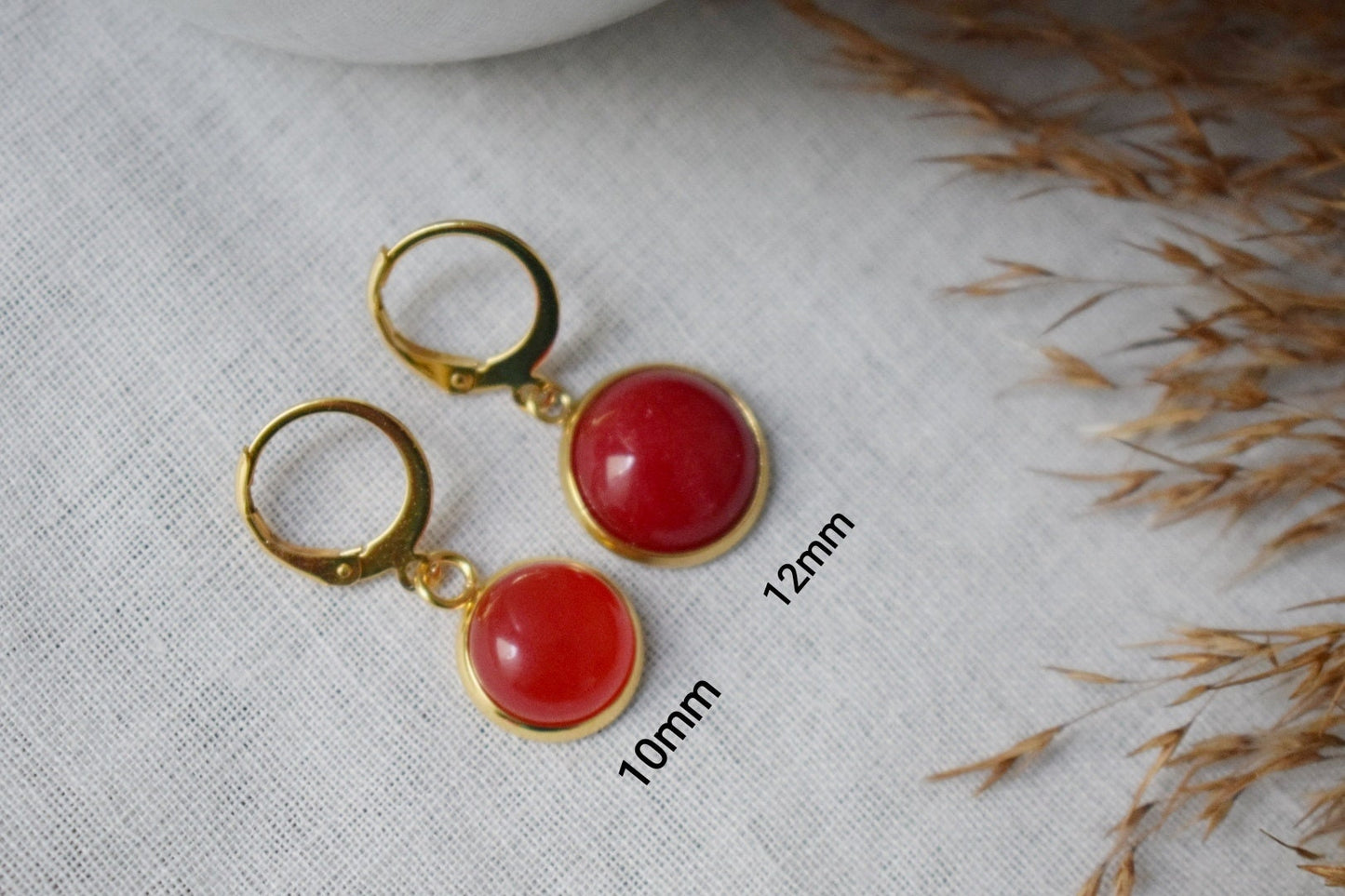 Red Jade Lever Back Earrings: 24k Gold Plated Huggie Hoops
